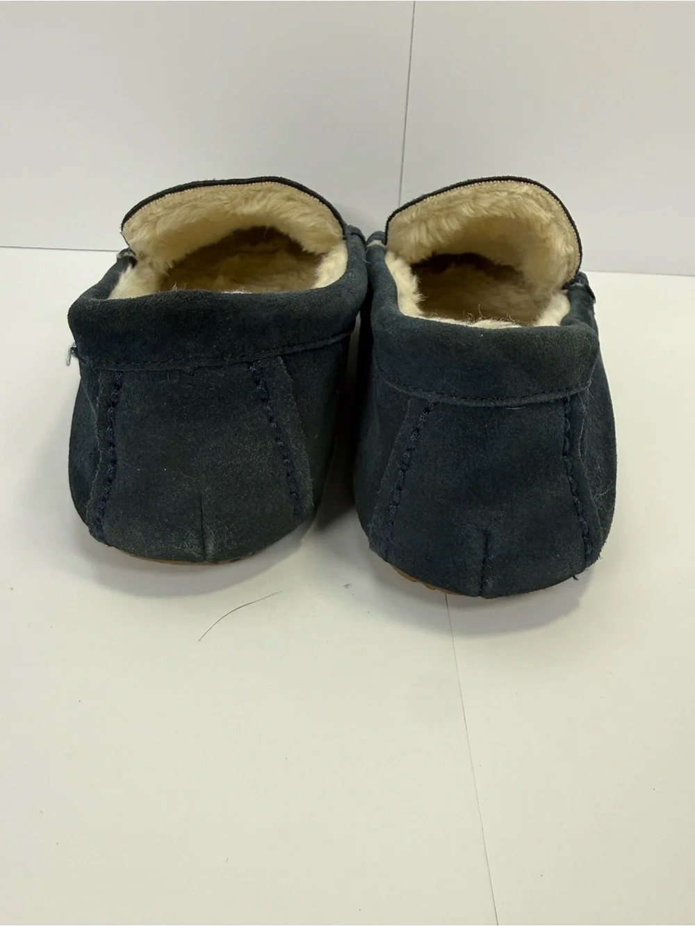 Men’s Lands' End Suede Moccasin Slippers Size 9 Navy Blue with Hard Soles
